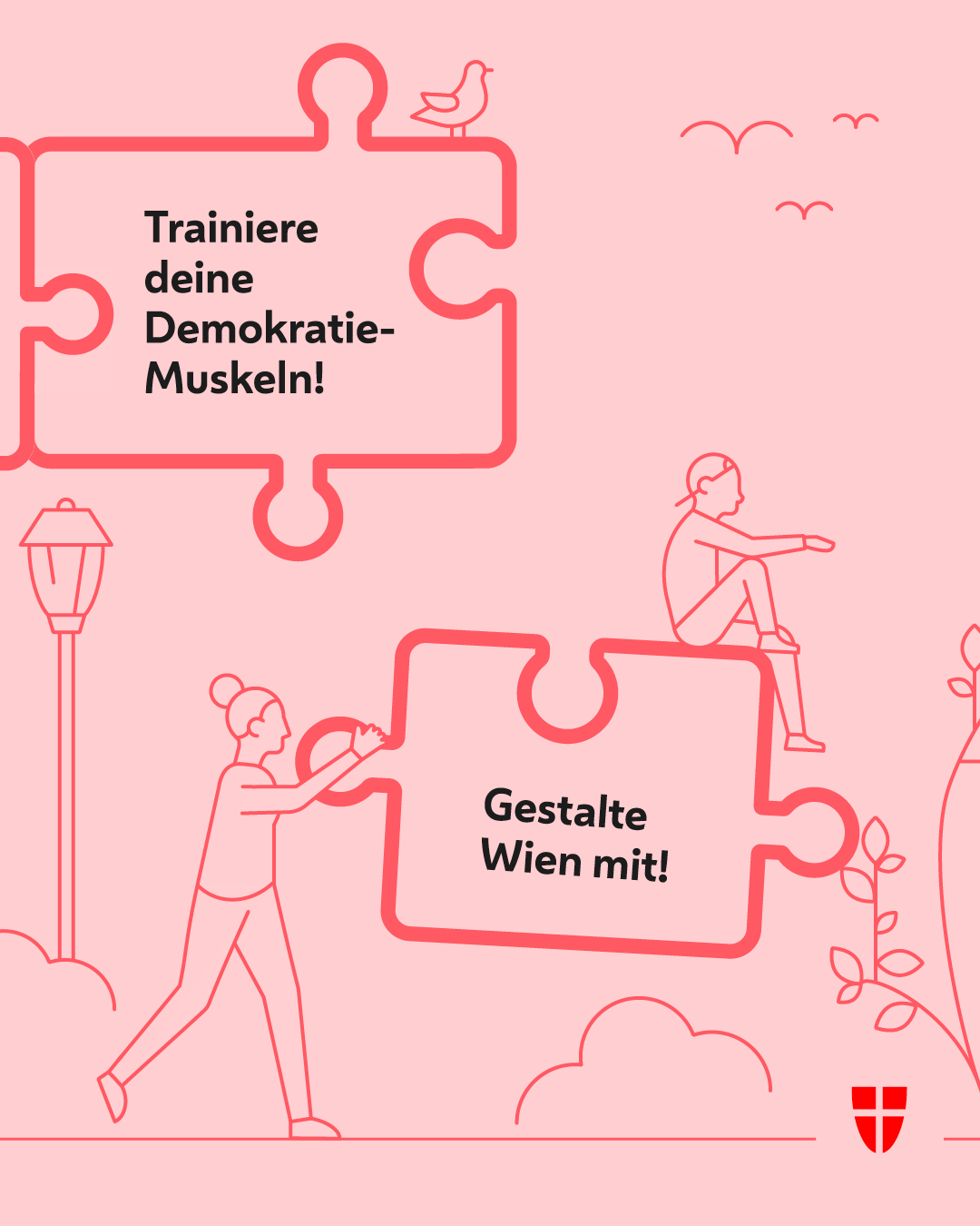Eine Grafik mit Puzzlesteinen und Text: Trainiere deine Demokratie-Muskeln! Gestalte mit. Zu sehen sind auch gezeichnete Menschen, die diese Puzzlestücke tragen und darauf sitzen.